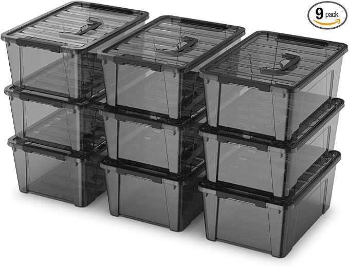 9-Pack Plastic Storage Bins with Lids, 6 Quart Stackable Organization Containers with Latch Buckle.Clear Black