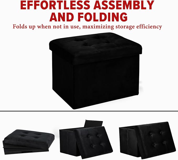 LINMAGCO Storage Ottoman Folding Foot Stool Velvet Foot Rest with Padded Modern Ottoman with Storage for Living Room Puppy Step Stool 17x13x13in(Black)