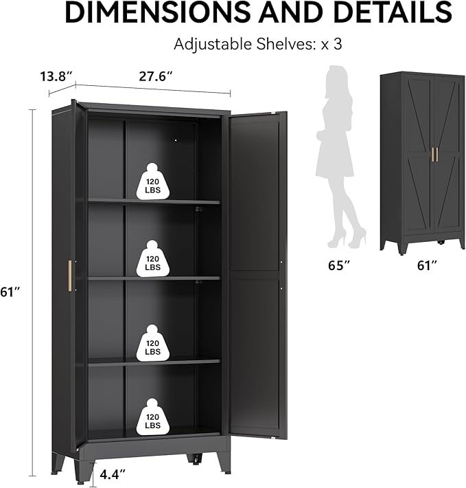 COFaR 61" Metal Pantry Cabinet in Black, Modern Storage Cabinet with Adjustable Shelves, Sturdy Metal Cupboard for Kitchen, Office, Living Room & Bathroom Organization