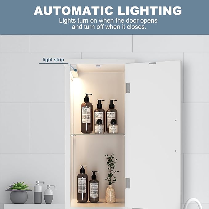 67" Tall Bathroom Storage Cabinet with Lights, Slim Narrow Bathroom Cabinet Organizer with Doors and Adjustable Shelves, Tall Cabinet for Small Space (66.9" Tall-White with Light)
