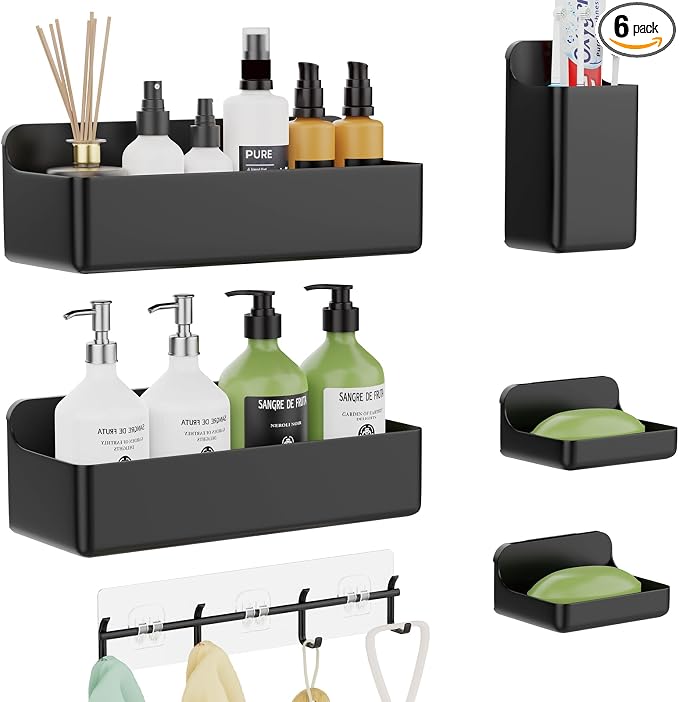 Adhesive Shower Caddy Shower Shelves Bathroom Organizer and Storage | 6 Pack，Rustproof，No Drilling，with Soap Holder，Clear，Acrylic， Large Capacity，Removable and Reusable，Plastics，Wall-Mounted