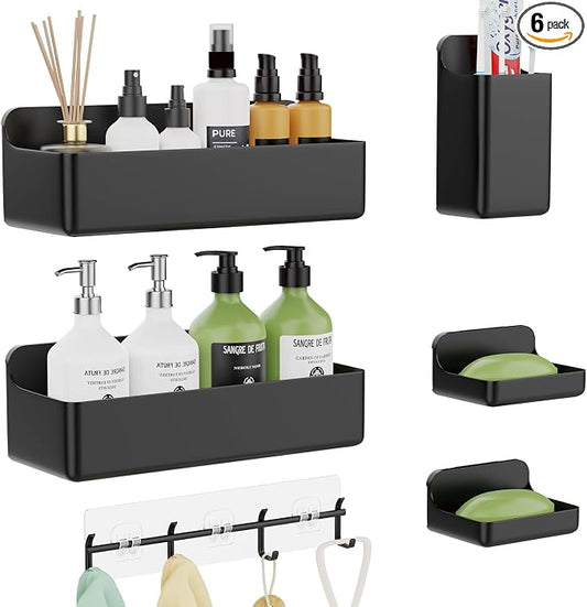 Adhesive Shower Caddy Shower Shelves Bathroom Organizer and Storage | 6 Pack，Rustproof，No Drilling，with Soap Holder，Clear，Acrylic， Large Capacity，Removable and Reusable，Plastics，Wall-Mounted