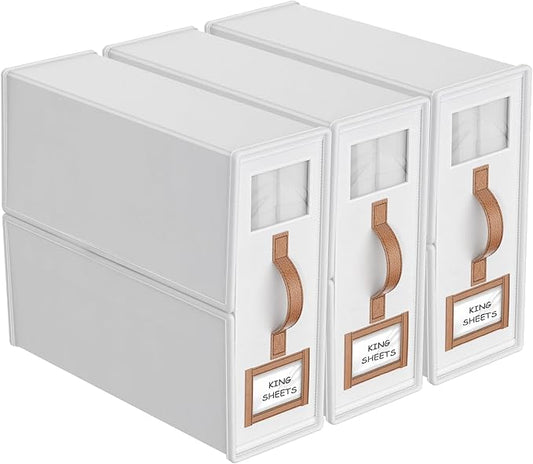 3 Pack Foldable Bed Sheets Set Organizers and Storage(King & Queen Size),Linen Fabric Closet Organizers with Window,Folding Bedding Storage Box for Bedsheets and Pillow Cube Organizer-White