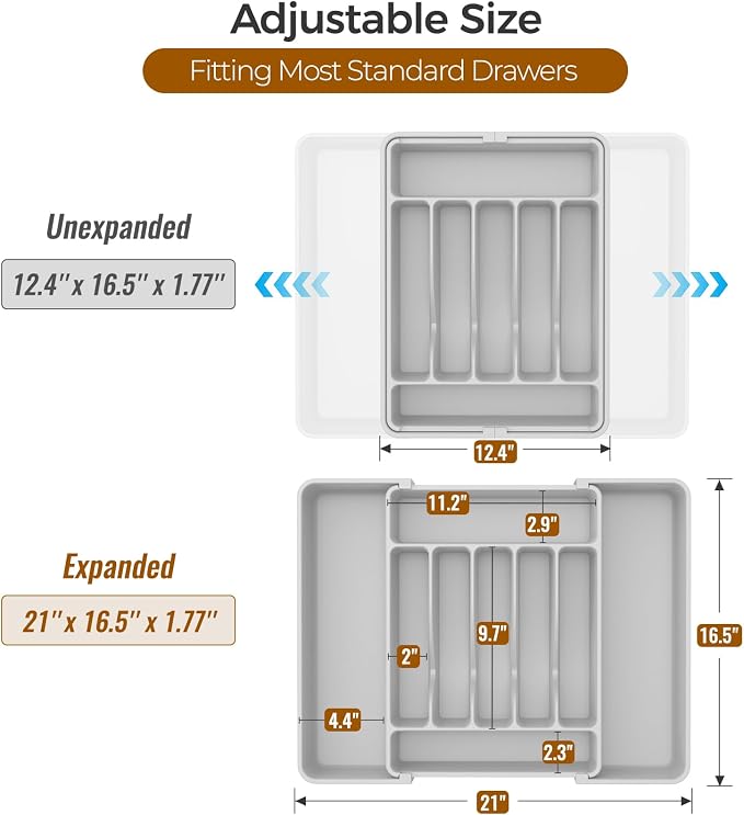ukeetap Extra Large Expandable Silverware Organizer, BPA-Free Food-Safe Cutlery Flatware Organizer, Kitchen Utensil Drawer Organizer, Adjustable Silverware Holder for Spoons Forks Knives, Gray