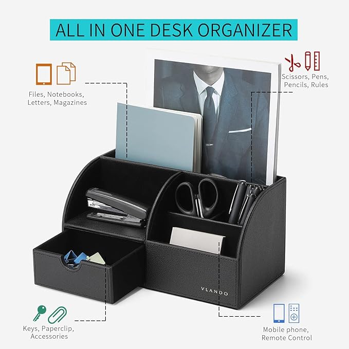 VLANDO Desk Organizer with Drawer, Leather Office Storage Caddy, Black | Leather desktop caddy with compartments and a pull-out drawer organizes pens, notes, remotes and everyday office supplies