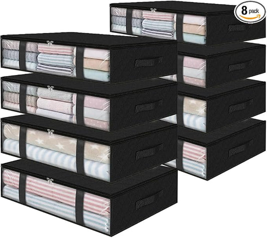 StorageRight Under Bed Storage Bags, 8 Pack, 40L, Black | Breathable Non-Woven Fabric with a Clear Window and Zippered Top for Clothes, Comforters, Blankets and Seasonal Storage