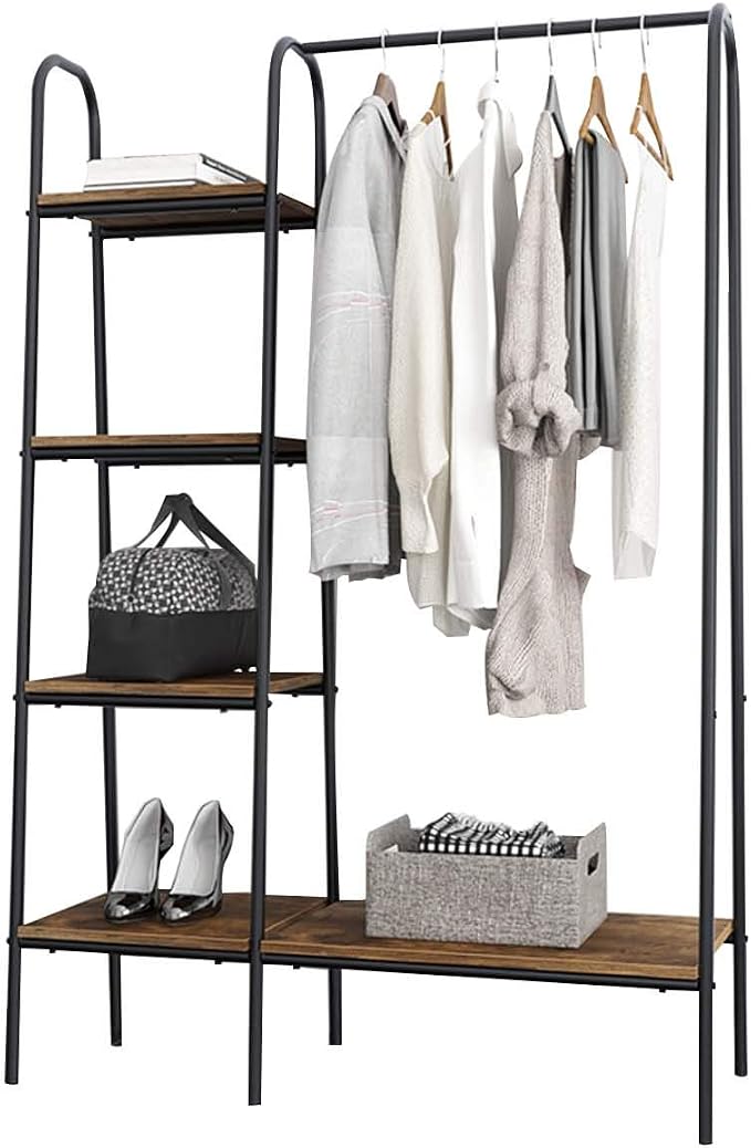 soges Clothes Rack, Garment Rack with 5 Shelves Hanging Bar, Black | Open Wardrobe for Hanging Clothes and Storage, Free Standing Closet Organizer, Clothing Rack for Bedroom Entryway Small Space