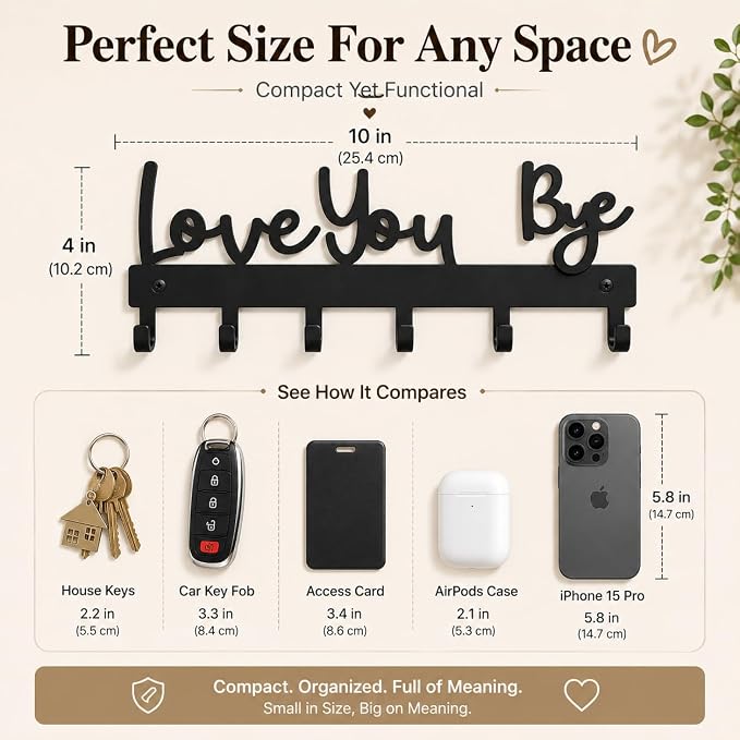 Love You Bye Sign Key Holder Hook Wall Mounted Key Holder Rack Organizer Hanger with 6 Hooks for Wall Express Love Art Decor for Entryway Front Door Kitchen Hallway Office (Love You Bye)