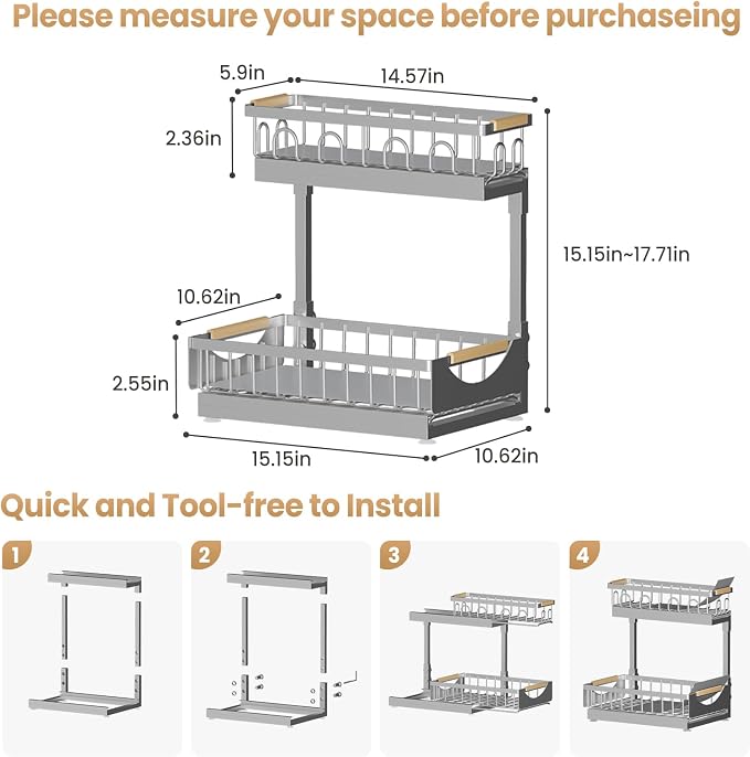 Under Sink Organizer and Storage 2 Tier Cabinet Pull Out Shelf Organizers | 2 Pack 2 Tier under sink storage for Bathroom and Kitchen Slide Out Drawer Organization for Home Cabinets Shelves and Drawers