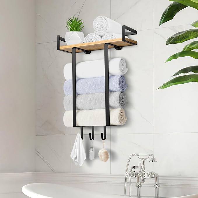 Towel Racks for Bathroom, Wall Mounted Towel Rack for Bathroom, Wall Towel Rack for Rolled Towels, Towel Storage for Small Decor-Black