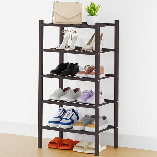 Smiry Bamboo Shoe Rack, 14 Vertical Slats, 5 Tier - 17.3" Wide, Brown | Stackable Free Standing Wooden Shoe Organizer, Wood Shoe Storage Shelf for Closet, Entryway, Thicher Leg