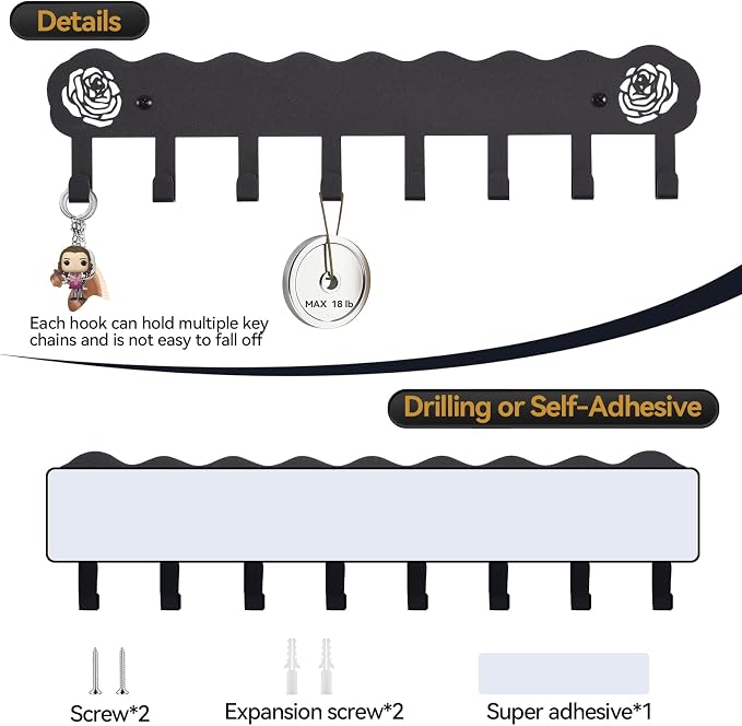 2-Pack Premium Iron Key Holder for Wall –Large Capacity & Multi-Functional | Dual Installation: Wall Mount & Adhesive, 8 Hooks Key Rack for Entryway, Kitchen, Bathroom, Office