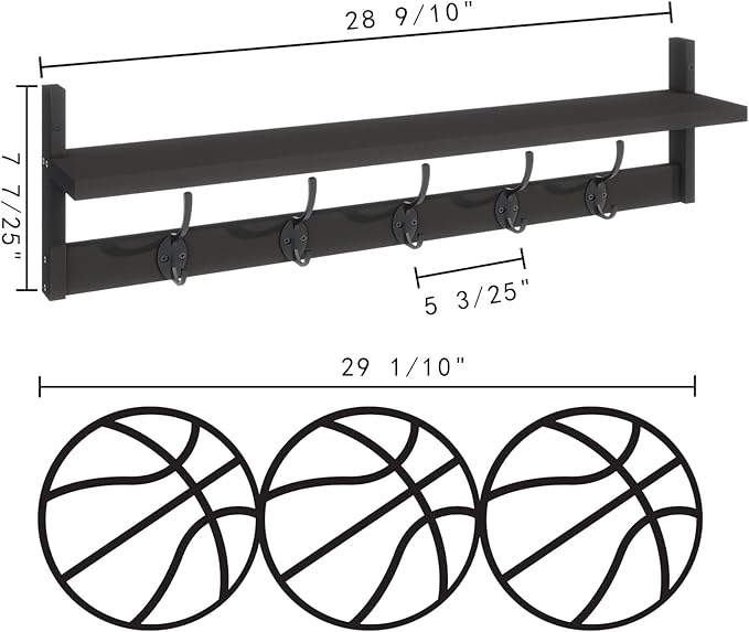 BAMEOS Wall-Mounted Shelf with Hooks - 28.9 Inch Entryway Hanging Shelf with 5 Dual Hooks for Bathroom, Living Room, Bedroom (Black)