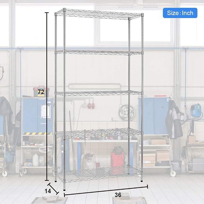 BestOffice | 5-Tier Wire Shelf | 36" x 14" x 72" | Chrome | Storage Shelves with Adjustable Racks, Holds upto 1000 lbs | Rust-Resistant, No-Tool Assembly | For Home, Garage