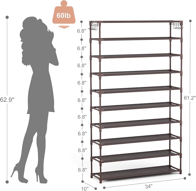 LANTEFUL 10 Tiers Shoe Rack 50 Pairs Large Capacity Tall Shoe Organizer Sturdy Shoe Storage with Two Hooks Space Saving Metal Wide Shoe Rack for Closet, Entryway, Bedroom, Brown