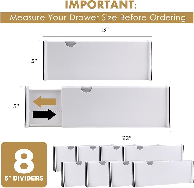 RAPTUROUS Deep Drawer Dividers 8 Pack, 5 Inch Tall, 13-22 Inch Long Expandable, Adjustable Drawer Organizer for Clothing, Dresser, Kitchen, Strong Hold, Soft Foam Edges, White
