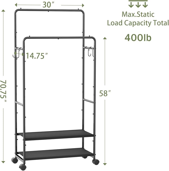 Simple Trending Clothes Rack, Double Rods Clothing Rack with Shelves, Black | Metal Garment Rack with 2-tier Fabric Shelves, 400 LBS Load, Anti-Slip Stoppers, 360° Lockable Wheels, Bedroom, Laundry Room
