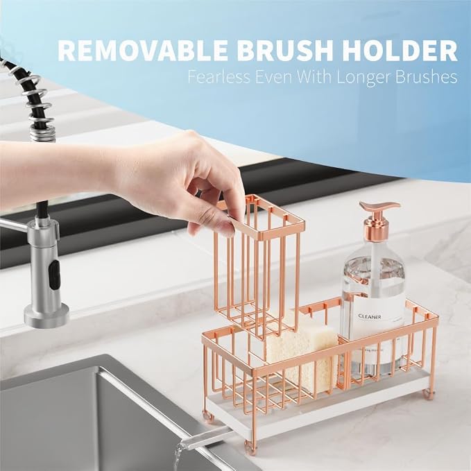 Cisily Sponge Holder for Kitchen Sink, Sink Caddy Organizer with High Brush Holder, Kitchen Countertop Organizers and Storage Essentials, Rustproof 304 Stainless Steel (Rose Gold, 9.25″)