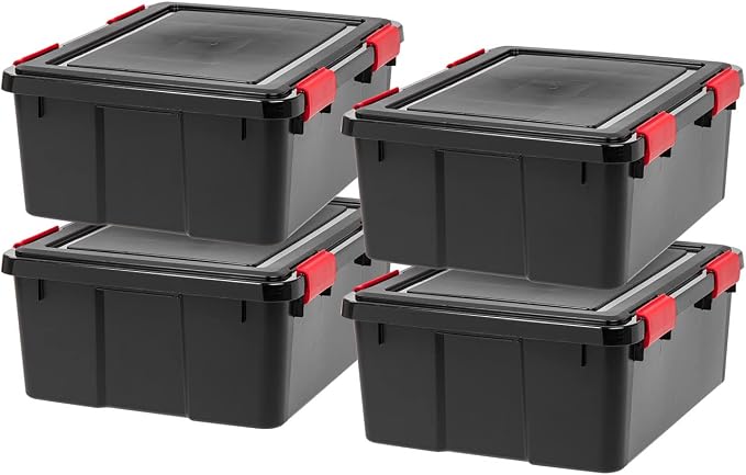 IRIS USA 4-Pack 31 Qt Storage Bins with Gasket Lids, Black/Red | WeatherPro seal protects everyday essentials in closets, offices and laundry rooms
