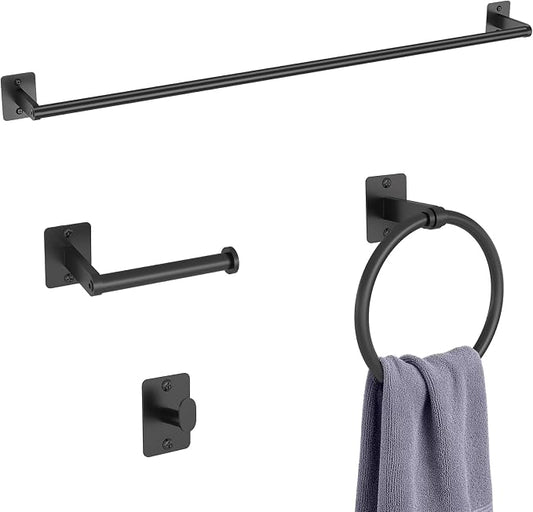 KLJKPA 4-Piece Bathroom Hardware Set, 32 inch Bathroom Towel Holder | Black Bathroom Accessories Set, Towel Racks for Bathroom, Robe Towel Hooks, Toilet Paper Holder Wall Mounted