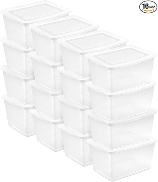 Sterilite Clear Storage Box Stackable Tote, 58 Quart, 16-Pack | Clear Plastic Container with Secure Snapping Lids for Home and Office Organization, White
