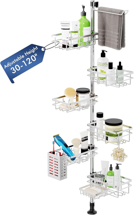 Shower Caddy Corner Tension Pole,Stainless Steel Shelves Bathroom Organizer | Rustproof 6-Tire Shelf, Adjustable 30-120 Inch Storage, Towel Bar & Soap Dish & Toothbrush Holder Rack