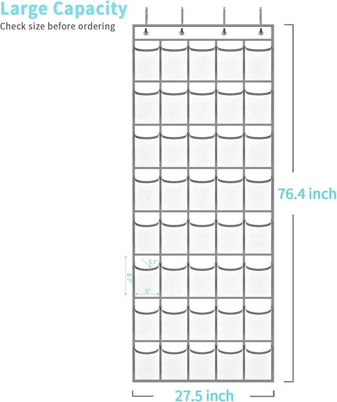 SAVERHO 40 Large Pockets Over the Door Shoe Organizer,Space-Saving Mesh Hanging Shoe Rack for Door Shoe Holder, Large Size 76.4" x 27.5" Ideal for Closet & Door Storage (White, 40 Pockets)