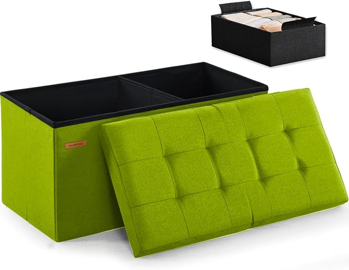 HAUSFRAU Ottoman with Storage Bench Folding Foot Rest Stool Linen Avocado | 31.5", Flip Lid, Small Upholstered Foldable Footrest Footstool, Bedroom Bench, Living Room Dorm Ottoman, Rectangle