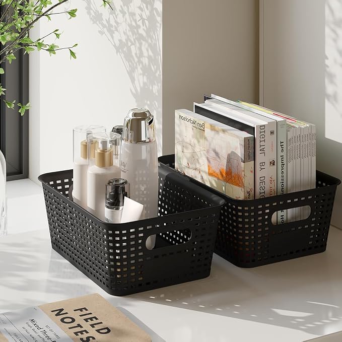 Resze 6 Pack Plastic Breathable Storage Baskets with Lids, Black | Organizer Bins& Containers for Pantry, Desktops, Cabinet, Closet, Offices Organization Toys, Space Saving, Easy-Carry Handles