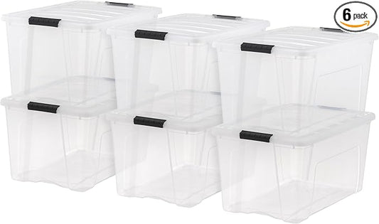 IRIS USA 6-Pack 72 Quart Storage Bins with Lids, Clear | Transparent design makes contents easy to find. Perfect for moving, blankets, clothing, and garage storage. Nestable design