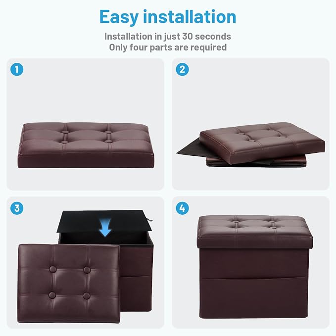 Bsketa Storage Ottoman Bench,17 Inch Folding Leather Foot Rest Stool, Brown | Small Ottoman with Side Pockets, Thicker Foam Padded Seat, Livingroom, Dorm, Bedroom, Easy to install, 43L,17x13x13in