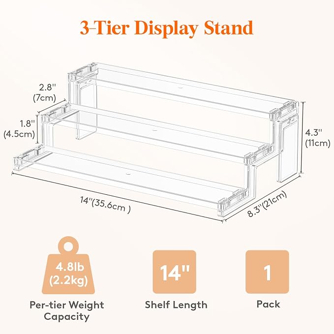 Lifewit Spice Rack, Perfume Cologne Organizer, Cupcake Stand, Tool-Free Assembly, Display Riser Shelf, Seasoning Figurine Makeup Holder, Room Decor, Kitchen Cabinet Storage, Clear, 14in-3 Tier, 1 Pcs
