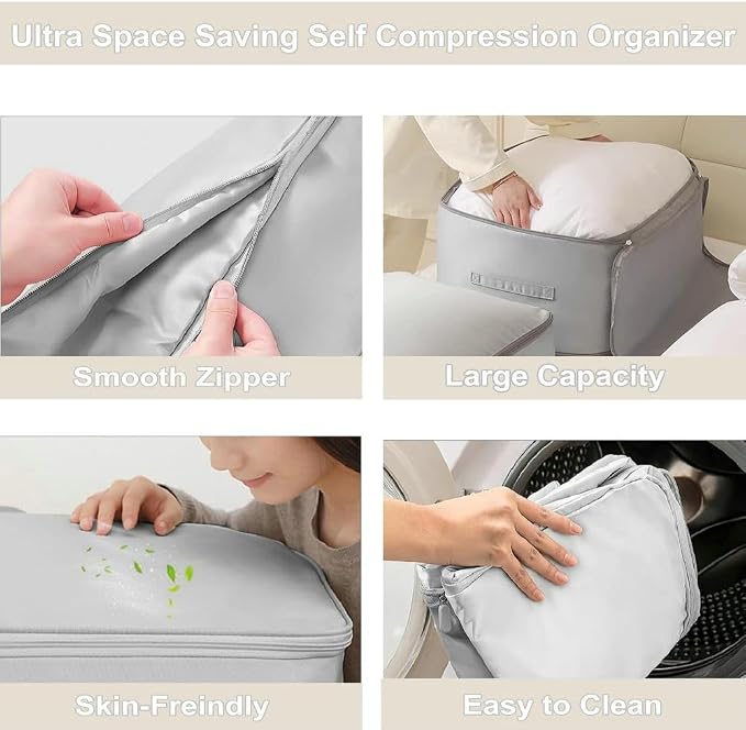 Comforter Storage Bag, Bedding & Blanket Self Compression Storage Organizer | Compression Storage Bag for Blanket Storage, 2-Layer Thick Satin Fabric Heavy Duty Bags for Pillow Duvet (Gray, XL, 2PCS)