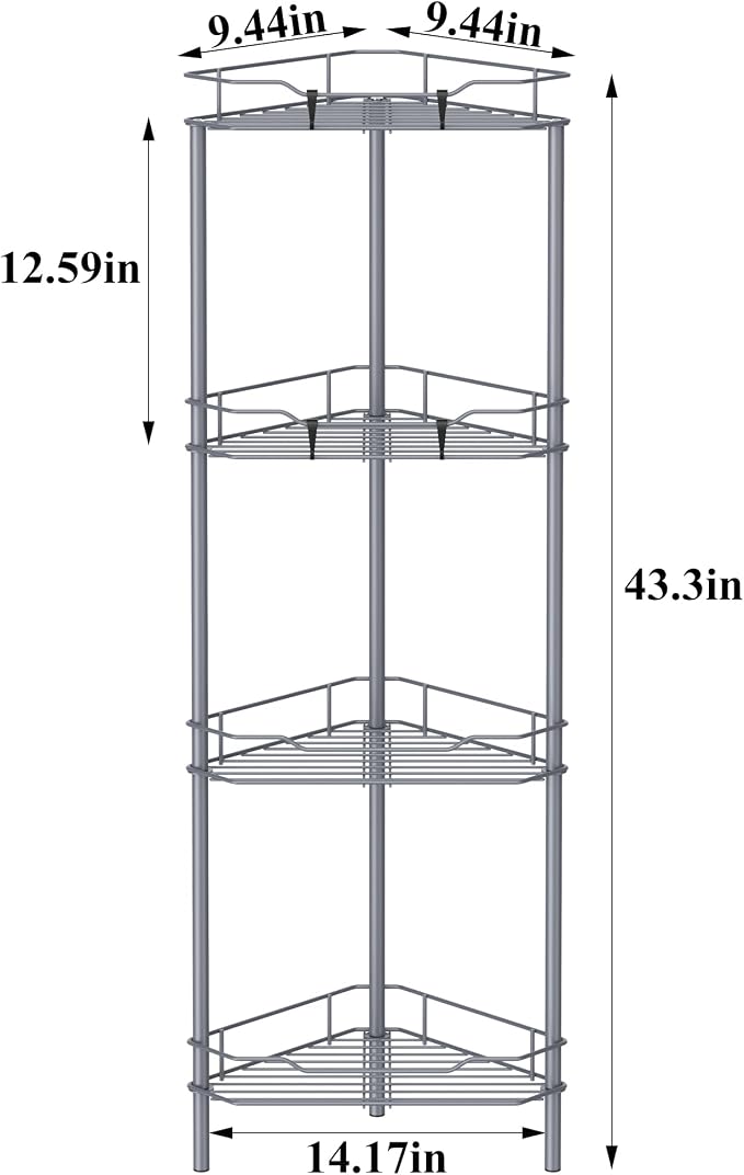 HuggieGems 4 Tier Floor Standing Corner Shower Caddy Organizer Shelf with Hooks, Bathroom Shelves Stand Rack, Dark Gray