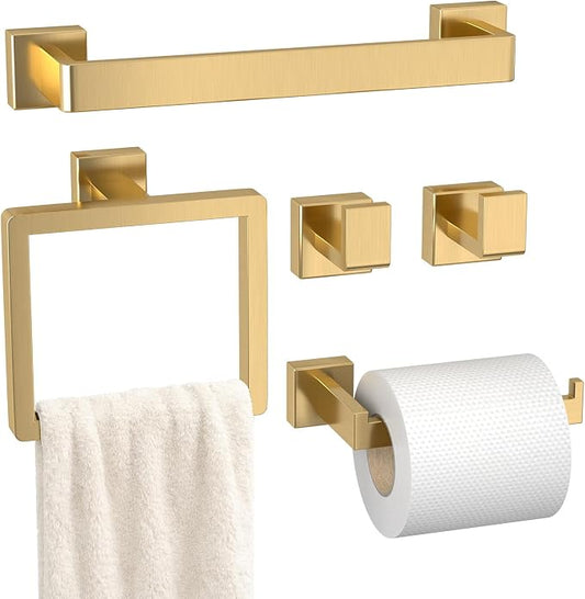 5-Pieces Gold Bathroom Accessories Set, 16 Inch Towel Bar Set | Stainless Steel, Towel Ring, Toilet Paper Holder, Robe Hooks, Towel Racks for Bathroom Wall Mounted, Bathroom Hardware Set