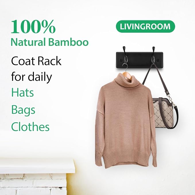 Badiano Wooden Coat Rack, Wall-Mounted Organizer for Closet, Entryway, Hallway, Foyer, Bedroom, Heavy Duty Double Hooks for Hanging Towels, Bags, Hats, Jackets, Key (Black, 2 Hooks)