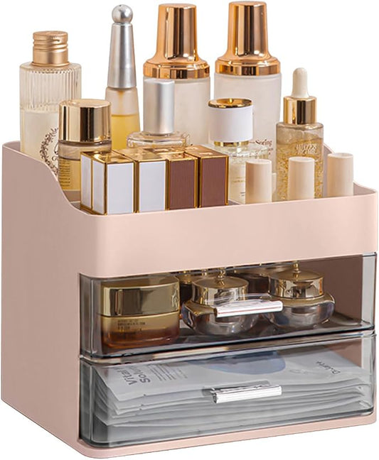 DASITON Makeup Organizer with 2 Drawers, Large Capacity Makeup Cosmetic Organizers for Vanity Dresser Bathroom Countertop, Vanity Organizer Makeup Storage Box for Skincare, Eyeshadow, Lotions (Pink)
