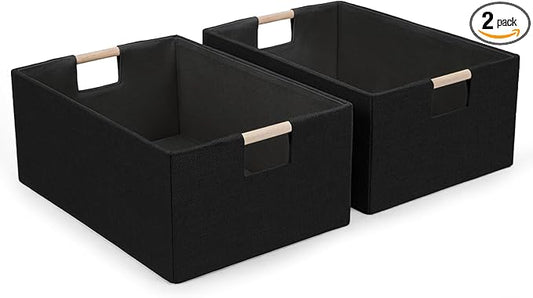 Foldable Fabric Storage Baskets Set of 2 for Shelves, Linen Decorative Storage Bins with Wooden Handles, Small Organizer Cubes for Closet, Rectangle Canvas Boxes for Organizing, Decor (Black 2 Pack)