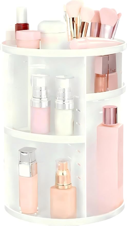HBlife 360 Rotating Makeup Organizer Adjustable Carousel Large Capacity Revolving Perfume Organizer Skincare Organizers Cosmetic Storage Spinning Holder for Vanity, White