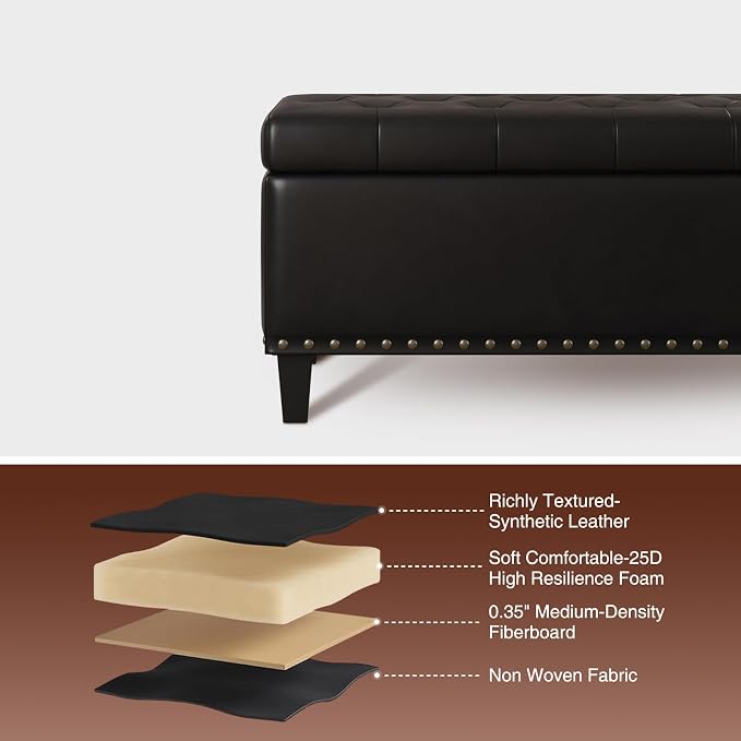 FiveWillowise 51 Inch Storage Ottoman Bench,Large End of Bed Storage Bench | Faux Leather Ottoman with Storage,30 Gallons,Upholstered,with Nailhead Trim,Legs,for Bedroom,Living Room,Entryway,Black