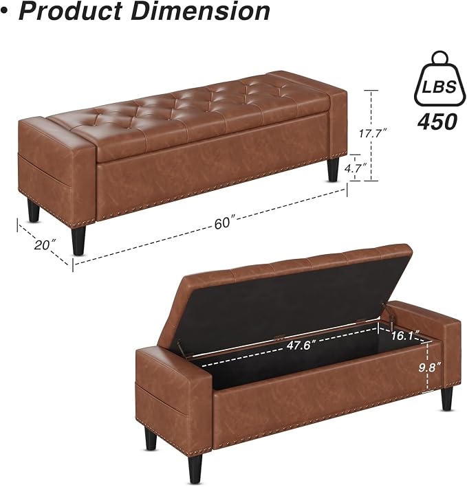60" Storage Ottoman Bench, Faux Leather Upholstered Bed Bench with Tufted Buttons and Nailhead Trim, Large Ottoman with Storage for King Size End of Bed, Bedroom, Entryway, Hallway (brown)