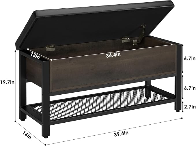 HOSTACK 40" W Storage Bench, Entryway Shoe Bench with Cushion, Dark Brown | Wood Metal Bench with Flip-Open Hidden Storage, Ottoman Bench with Padded Seat & Shoe Rack for Hallway, Bedroom, Living Room