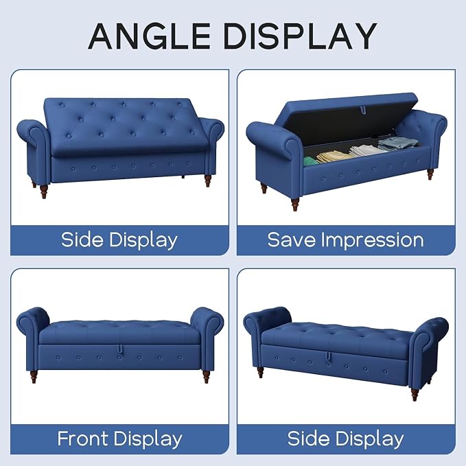 NIOIIKIT 63'' Storage Ottoman Bench, Tufted Entryway Bench Blue Polyester | Button Tufted End of Bed, Large Storage Space, Rolled Armed Ottoman Couch Long Bench for Bedroom, Living Room, Hallway