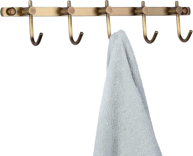 WINCASE Antique Brass Towel Hook, Brushed Brass Wall Hook Rail, 5 Hooks Antique Coat Hook Rail Hanger Bathroom Robe Hooks Rack Wall Mounted