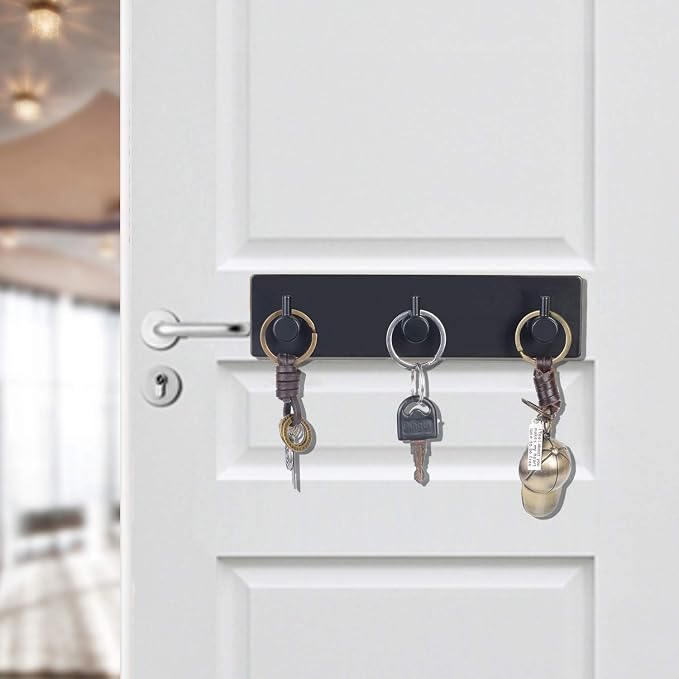 Key Holder (3 Hooks) - Sturdy Self Adhesive Stainless Steel, Matte Black, Wall Mount, Damage Free, Extra Thick, for Keys and Masks, Entryway, Hallway