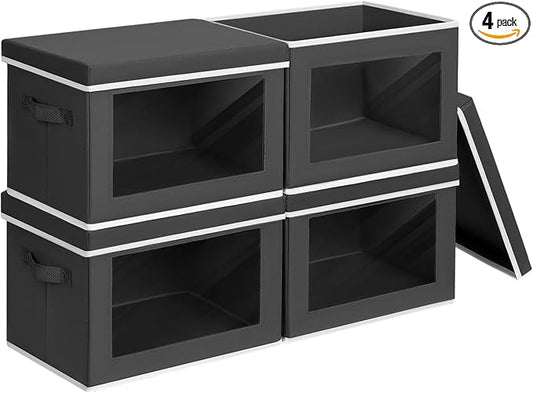 Homsorout Storage Bins with Lids - Small Fabric Organizers with Window, Collapsible Storage Bins for Clothes, Decorative Closet Organizers for Towels, Tshirt, 4 Pack, Black