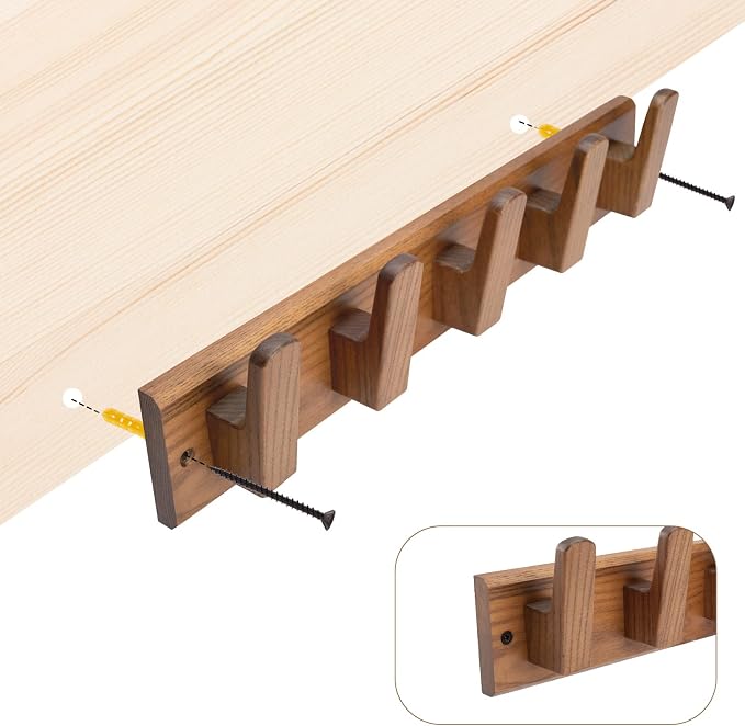 Wood Coat Rack Wall Mount with 5 Hooks, 17'' Hole to Hole Wall Coat Rack for Hanging Coat Jacket Backpack, Natural Wall Coat Hook