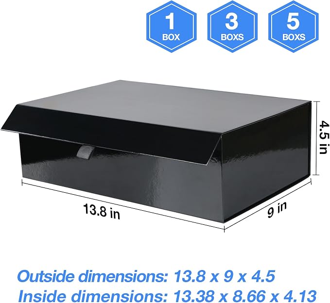 Aimyoo 1 Pack Black Collapsible Gift Box with Magnetic Closure Lids & Rope for Easy Opening 13.8x9x4.3, Bridesmaid Groomsman Proposal Boxes, Rectangle Storage Present Boxes