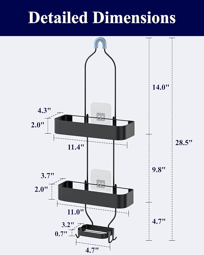 Kitsure Shower Caddy Hanging, No-Drill Bathroom Shelves, Black, 28.5" H | Bathroom Organizers and Storage, Wobble-Free Shower Organizer with Adhesive Tapes, Rust-Proof Shower Storage for Toiletries