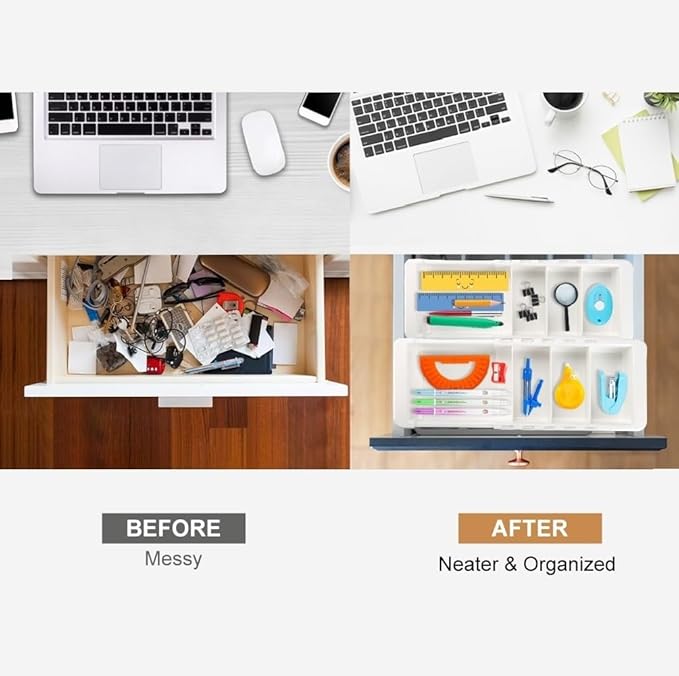 YOOUSOO Expandable Drawer Organizer, 2 PCS Adjustable Drawer Organizer Trays, Drawer Dividers Organizers and Storage For Office Supplies, Pens, Makeup,Utensils, Tools, Flatware and Junks, White | Drawer Dividers Organizers and Storage For Office Suppli...